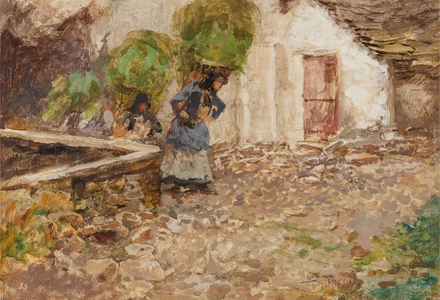 Contadina che porta una gerla e il suo bambino